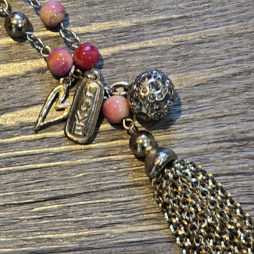 Chico's long Beaded Necklace, tassel, and charms "love" heart Orange Pink Gold